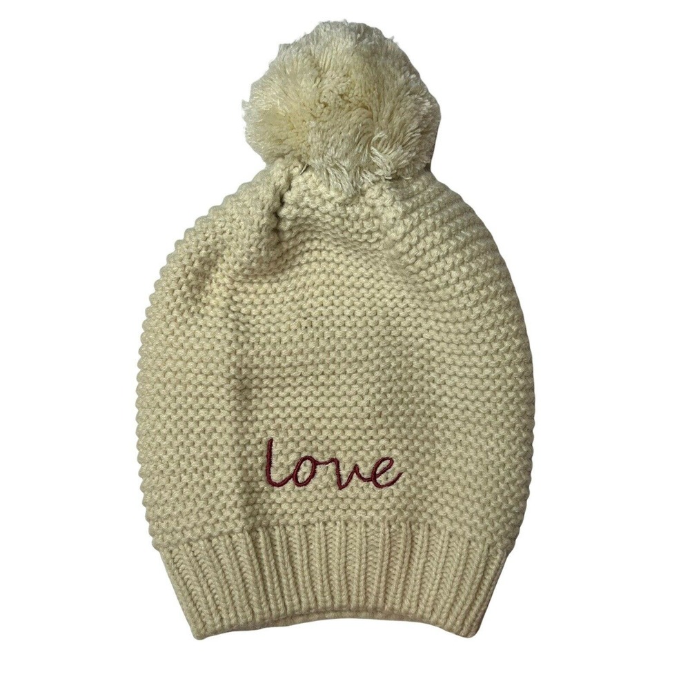 Hat Attack White Love Beanie Pom Top New